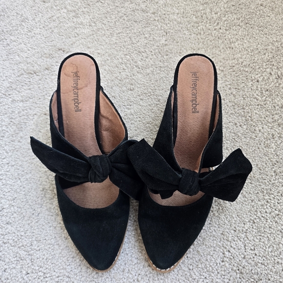 Jeffrey Campbell Cyrus Black Suede Bow Block Heel Mules 6.5 - Picture 2 of 9